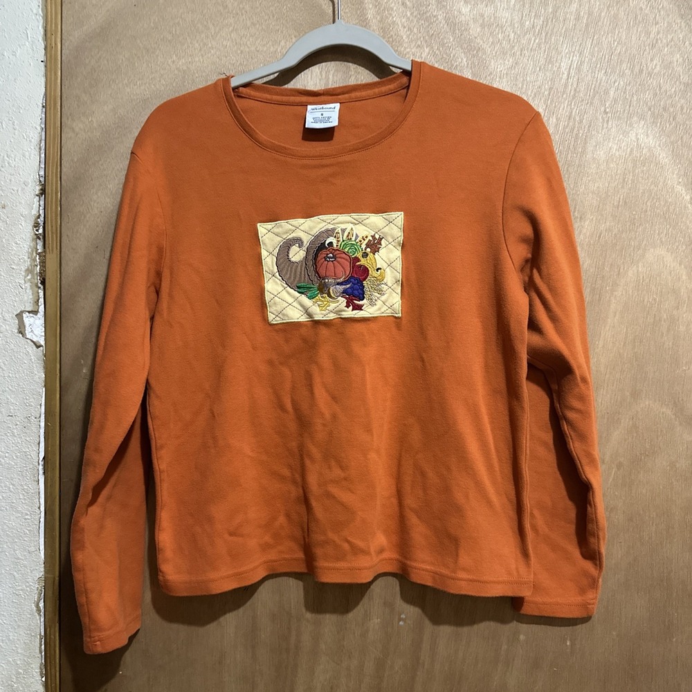 Westbound II Womens S Orange Thanksgiving Cornucopia Patch Long Sleeve T-Shirt